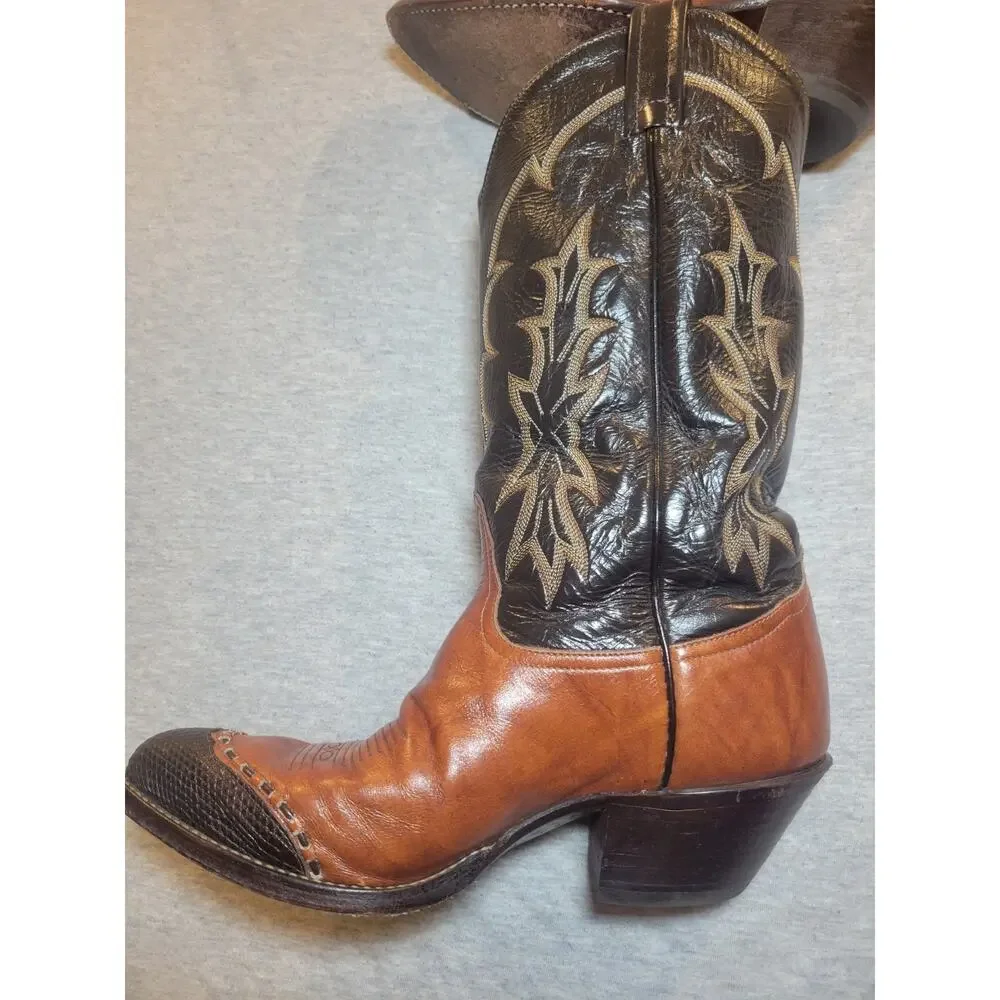 Vintage Tony Lama 6951 Men Brown Western Cowboy Boots J Toe Leather USA W Box